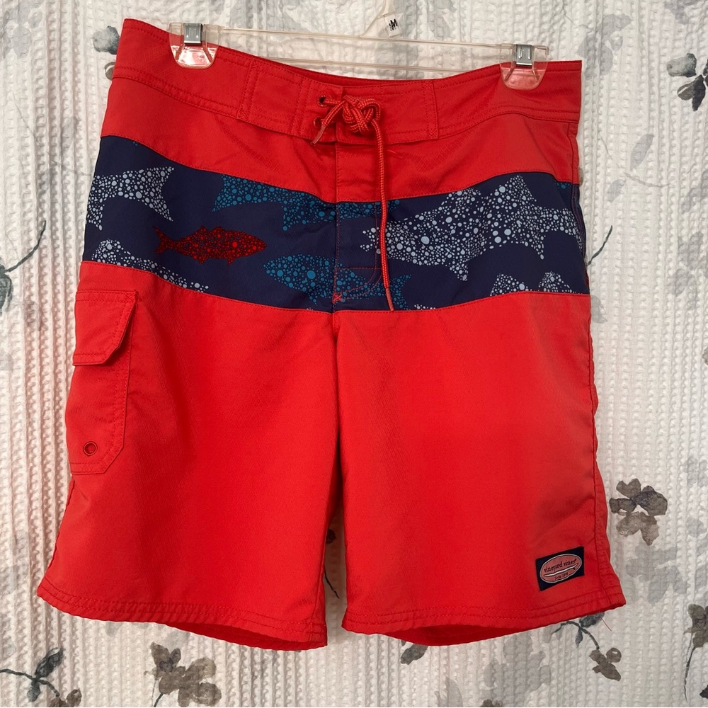 Vineyard Vines Red Swim Shorts with Blue Fish Design